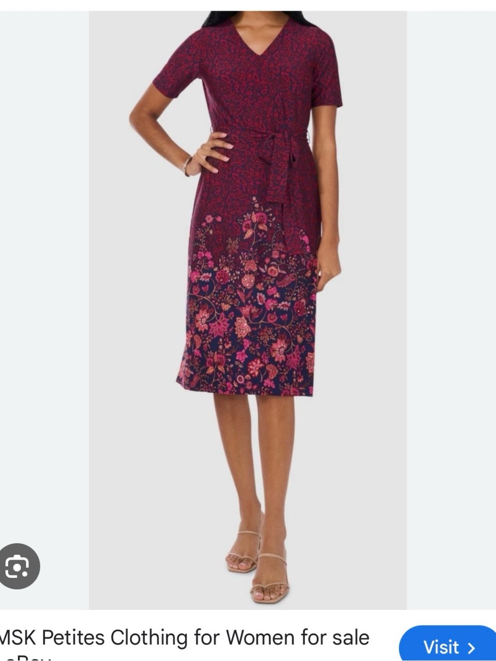 MSK Burgundy Midi Dress with Pink & Orange Floral Border